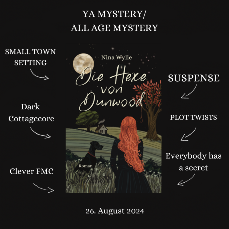 Tropes und Settings in "Die Hexe von Dunwood": YA/All age mystery, Small town setting, Suspense, Dark Cottagecore, Plot twists, Clever FMC, Everybody has a secret